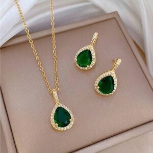 | 18K Gold Plated SS Emerald Green CZ Teardrop Jewelry Set | May Birthstone
